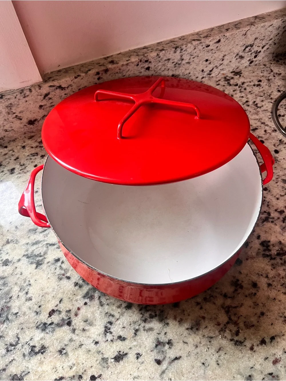 Dansk Red Enamel Covered Casserole with Cross-Top Lid